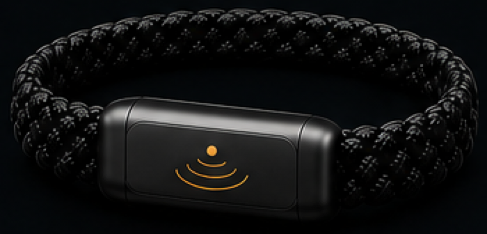Concept render of the Locara bracelet: a black braided strap with a small dark clasp carrying a gold signal mark